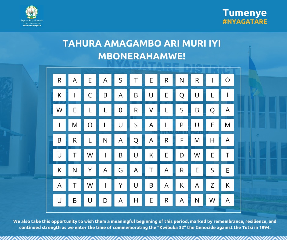 Mbonyemo 
1: Twibuke
2: Twiyubake
3: Nyagatare 
4: Ubudaheranwa 
5: Kwibuka
6:Amateka
Wowe urabona iki tubwire muri comments 
<a href="/_Kwibuka32/">#Kwibuka32</a>