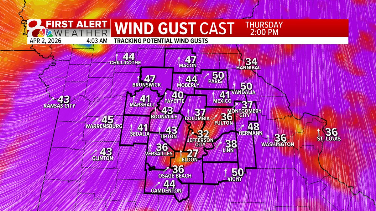 BethFinelloWx's tweet image. WIND ADVISORY issued for a few counties due to wind gusts up to 45 mph. Make sure the patio furniture is secure! #midmowx #midmo #mowx @KOMUnews