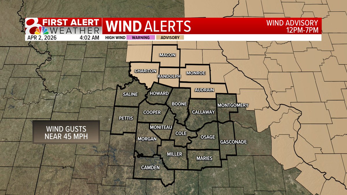 BethFinelloWx's tweet image. WIND ADVISORY issued for a few counties due to wind gusts up to 45 mph. Make sure the patio furniture is secure! #midmowx #midmo #mowx @KOMUnews