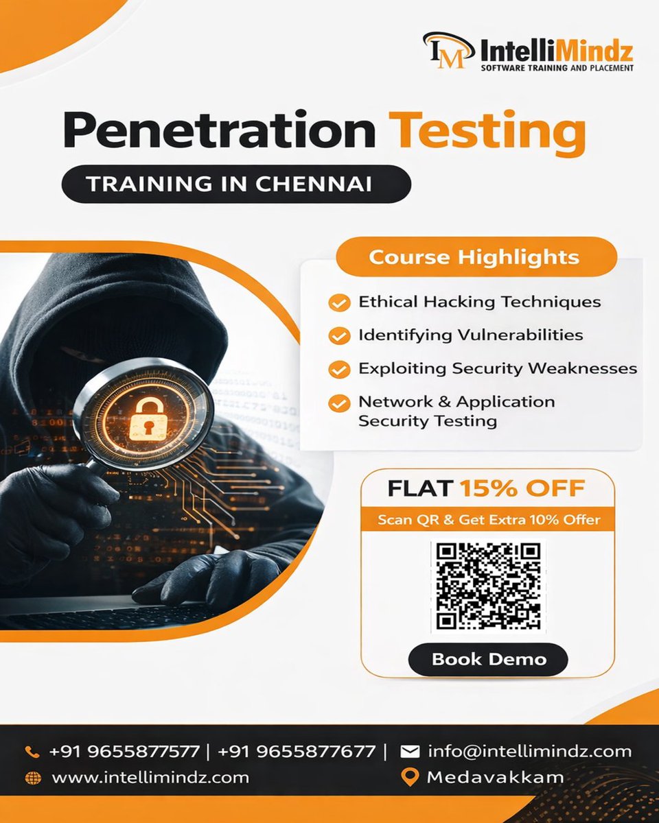 KkInteli's tweet image. Limited Seats Available!
Penetration Testing Training – Chennai
🔥 Flat 15% Discount
🔥 Extra 10% Offer via QR Scan
Don’t miss this opportunity to upgrade your skills.
#CyberSecurityCourse #PenetrationTestingTraining #ChennaiOffers #TechCareer