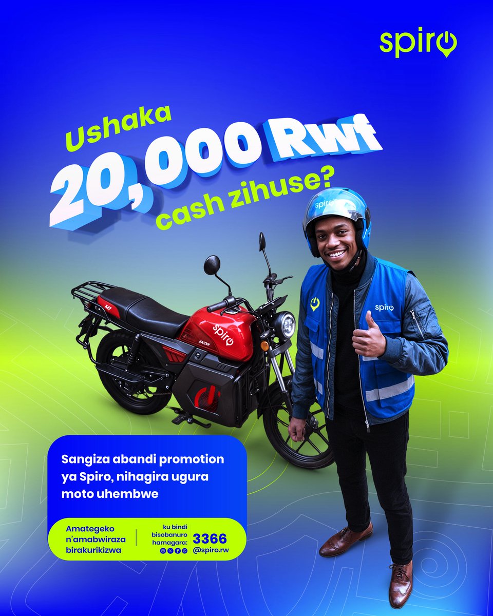 RoyalFMRwanda's tweet photo. Ibyiza birakomeje! Tsindira amafaranga ibihumbi makumyabiri mukanya nkako guhumbya! Sangiza abandi ibyiza spiro yabazaniye, nawe ubyungukiremo.
#spirobikes #motoyumujyi #motoyubu #motoyumuriro #promotion https://t.co/5MCXTEkzOG