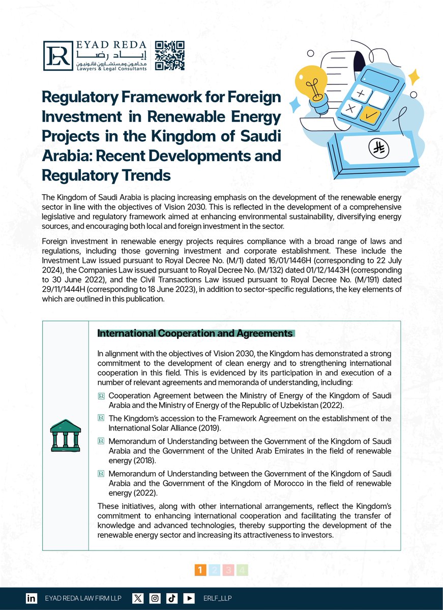 ERLF_LLP's tweet photo. The renewable energy sector in Saudi Arabia is experiencing rapid growth, supported by ongoing regulatory reforms aligned with the objectives of Vision 2030.
This publication highlights the regulatory framework governing foreign investment in renewable energy projects, along with key regulatory authorities and recent regulatory trends.
We would be pleased to provide specialized legal advice at Eyad Reda Law Firm LLP, tailored to the nature and requirements of each project.
#InvestmentOpportunities #LegalInsights #CorporateLaw #Sustainability