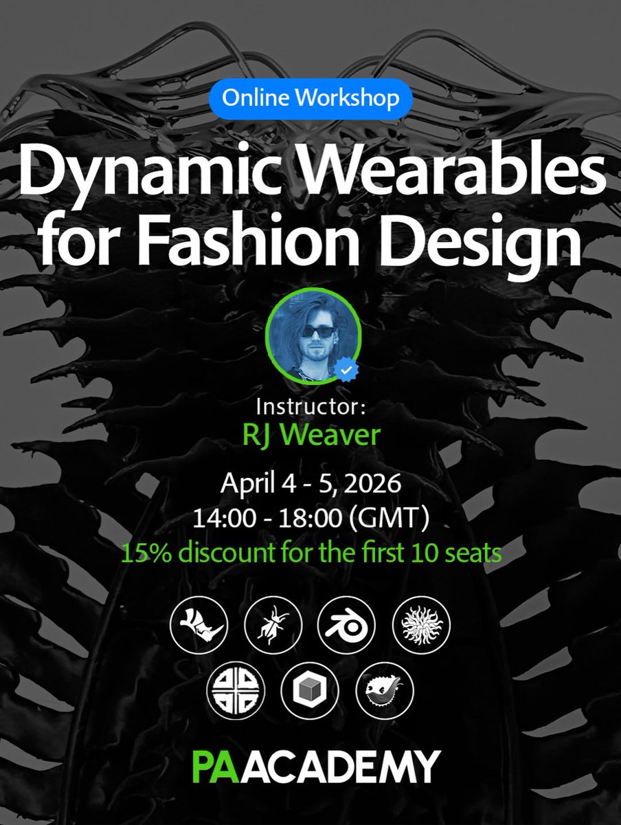 parametricarch's tweet photo. 📑 Topic: Dynamic Wearables for Fashion Design
📅 Date: April 4 – 5, 2026
🕓 Time: 14:00 – 18:00 GMT
🧑🏼‍🎓 Total Seats: 50 seats
🛒 15% Discount for Digital Members

#PAACADEMY #ParametricDesign #ComputationalDesign #DigitalFashion #Grasshopper3D https://t.co/THFcJNZySt