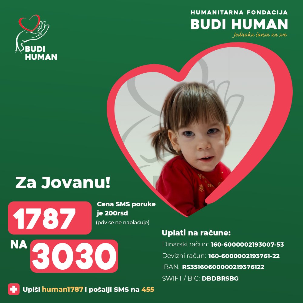 budihuman's tweet image. Pomozimo Jovani!

Upišimo 1787 i pošaljimo SMS na 3030

budihuman.rs/korisnik/1787/…

#budihuman #jednakašansazasve #podeli #jovanamilićev