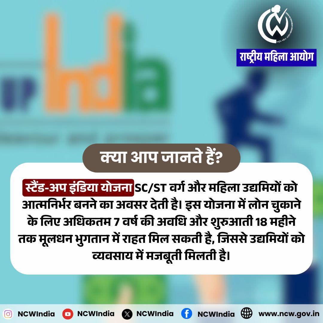 NCWIndia's tweet photo. क्या आप जानते है?
स्टैंड-अप इंडिया योजना SC/ST वर्ग और महिला उद्यमियों को आत्मनिर्भर बनने का अवसर देती है। इस योजना में लोन चुकाने के लिए अधिकतम 7 वर्ष की अवधि और शुरुआती 18 महीने तक मूलधन भुगतान में राहत मिल सकती है, जिससे व्यवसाय को मजबूती मिलती है।
#QuizTime #StandUpIndia #GovernmentSchemes #WomenEntrepreneurs #AtmaNirbharBharat #NCW #NewStartupInIndia