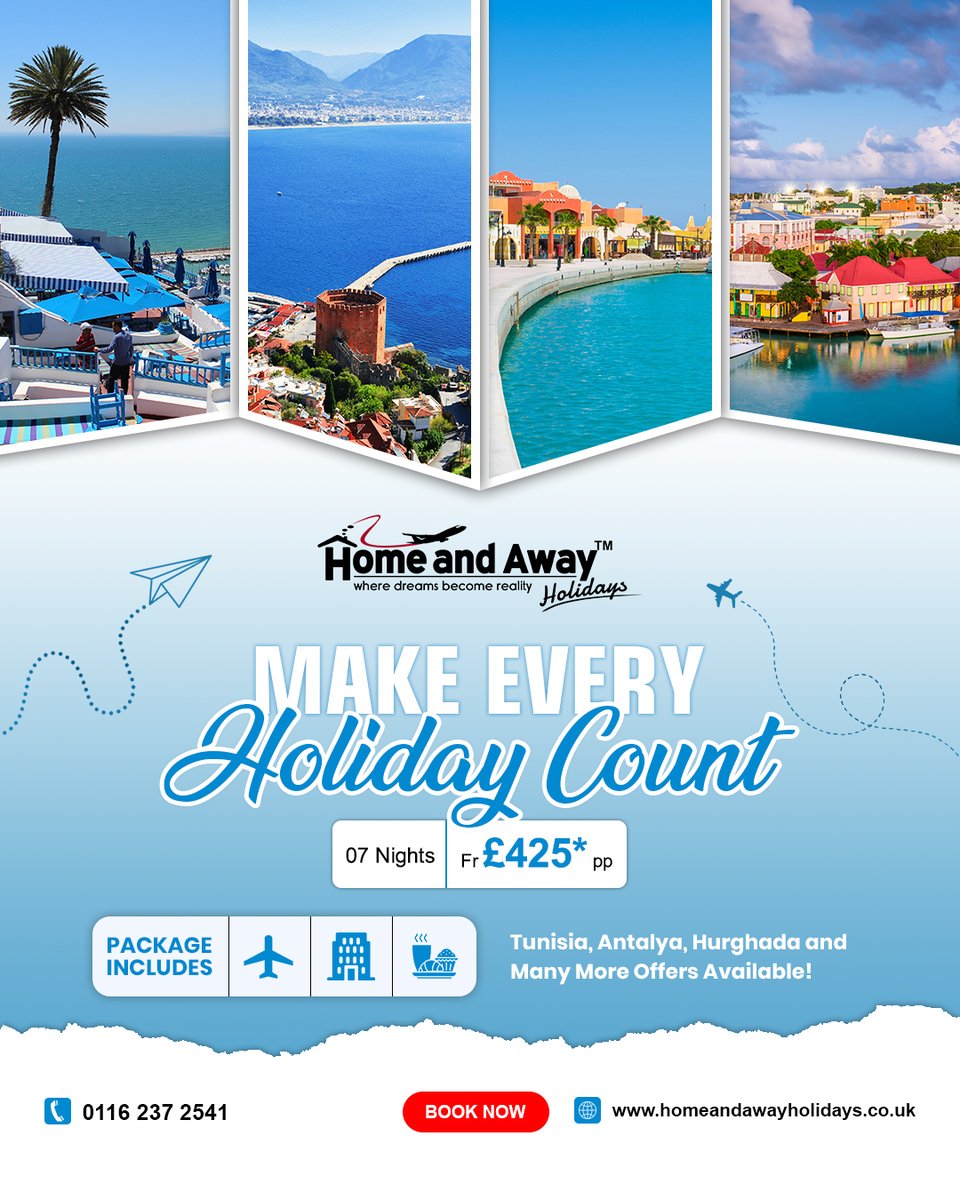 Homeandawaytour's tweet image. 🌴 Make Every Holiday Count – From £425pp! ✨

✈️ Return Flights
🏨 7 Nights Hotel Stay
🍹 All Inclusive
Your perfect getaway starts here 🌍
📞 0116 237 2541
🛫 Book today!
links.homenawayholidays.co.uk/x2tqlO
#HolidayDeals #AllInclusive #TravelDeals #BeachHoliday #TravelMore