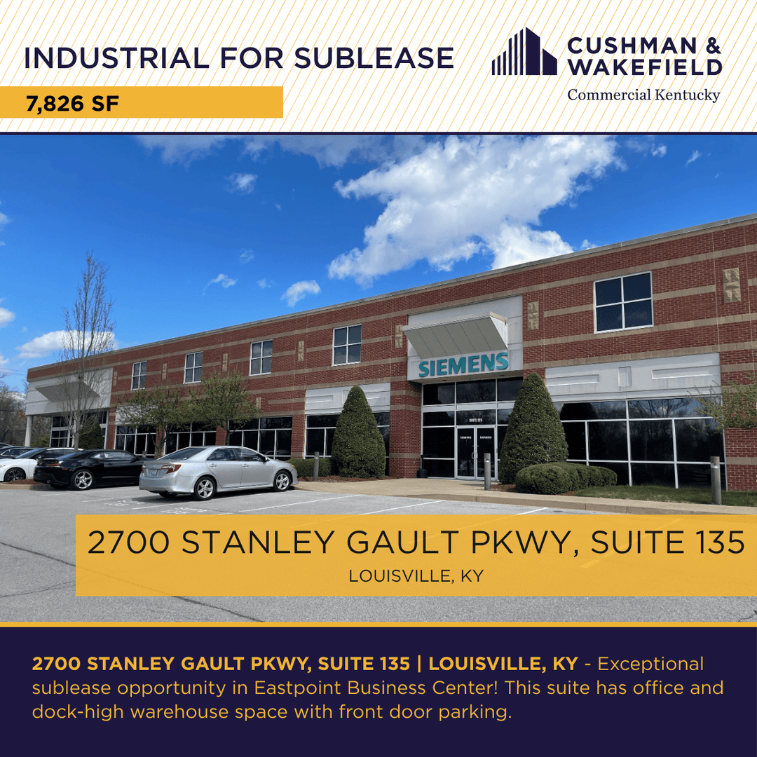 2700 Stanley Gault Pkwy, Suite 135 | #Industrial | #Office for #Sublease
Eastpoint Business Center | Convenient location near I-265 and I-71 | Front Door Parking
Contact Stephan F. Gray, SIOR, Robert B. Walker, CCIM, SIOR, Jake F. Mills, SIOR for details!
commercialkentucky.com/property-detai…