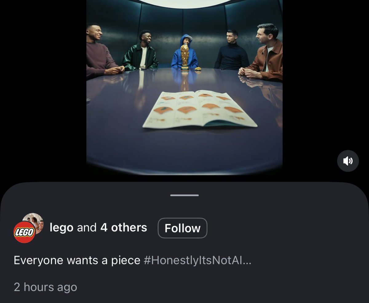 centraldoarabao's tweet photo. A Lego pondo pra jogo a hashtag #honestlyitsnotai.
É tendência: companhias deixando claro que o conteúdo não foi gerado por IA e que houve, de fato, um investimento pesado na produção. https://t.co/Mz7xfN6ww3
