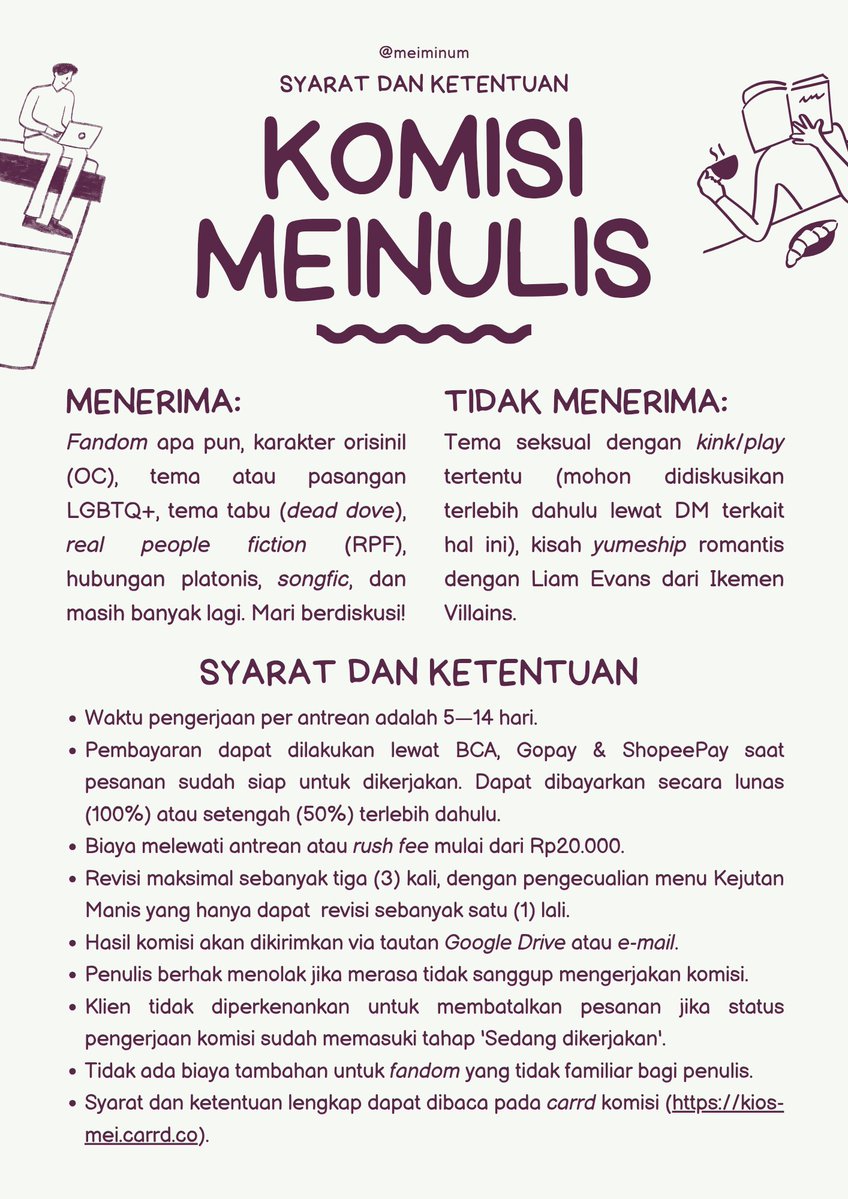 ✏️ KOMISI MEINULIS: Siap Menulis untuk Kamu ✏️
↺/♡ akan sangat membantu!

halo, aku membuka komisi menulis bahasa indonesia! tersedia beberapa pilihan menu yang dapat kamu pilih di sini 📋🛒 silakan dm aku untuk memesan atau pun berdiskusi! 📨

rincian: kios-mei.carrd.co