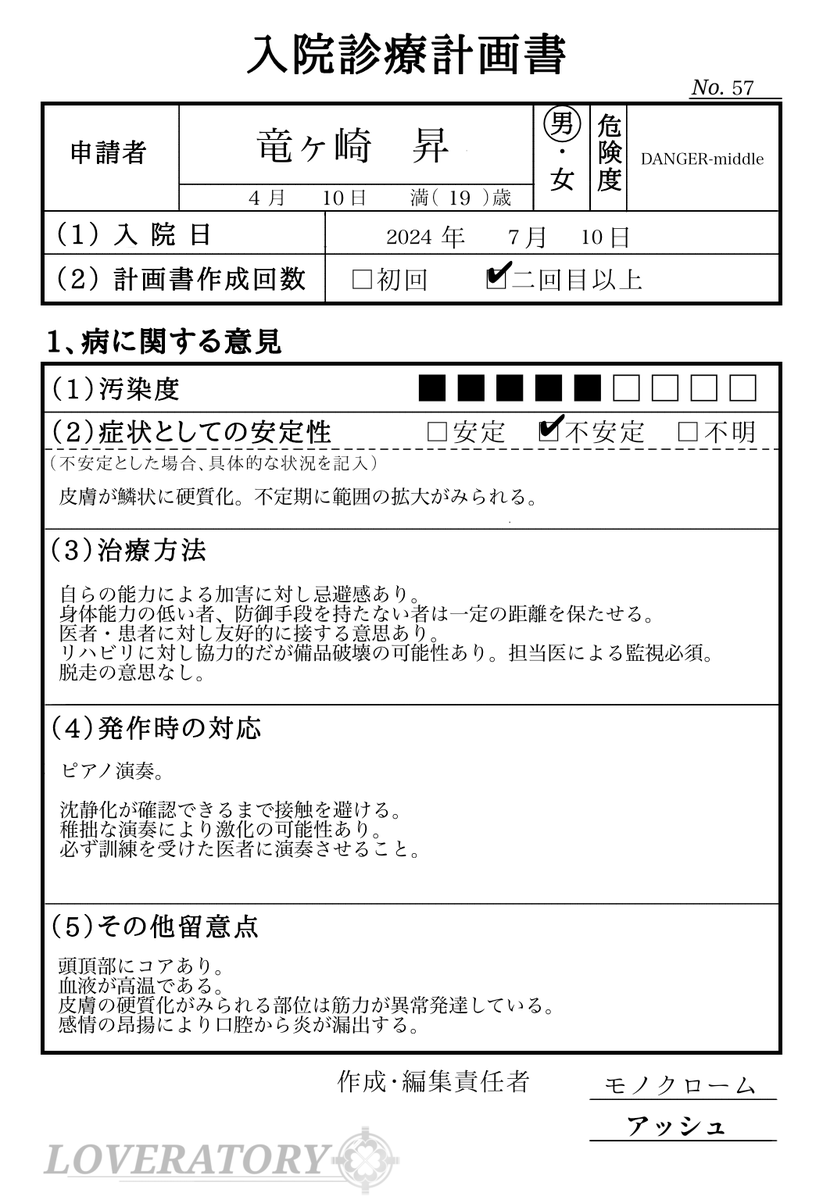 __LOVERATORY__'s tweet photo. ꕥ 裏CS
【危険度】DANGER-middle→ ---
【識別名】孤独な戴冠式
【氏名】竜ヶ崎昇 https://t.co/eRz1tjlBZH