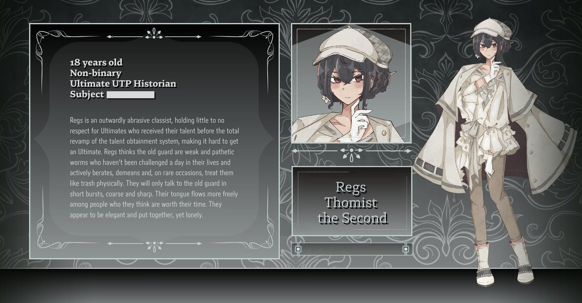 CHARACTER INTRODUCTION: 

Regs Thomist the Second, Ultimate UTP Historian

CVA: <a href="/cranberrymelody/">Olivia/Alice</a>

#fanganronpa #fangantwt #fangan #reverbbloodlines #danganrb #revblood 

(Sprite by Kyami, Card design by Kami)