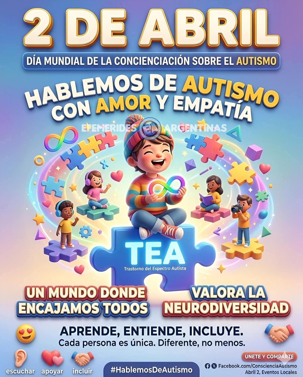 2 de abril – Día Mundial de la Concientización sobre el Autismo.
El Trastorno del Espectro Autista es una condición del neurodesarrollo que influye en la manera en que una persona se comunica, interactúa socialmente y percibe su entorno. #DíaMundialDeConcientizaciónSobreElAutismo