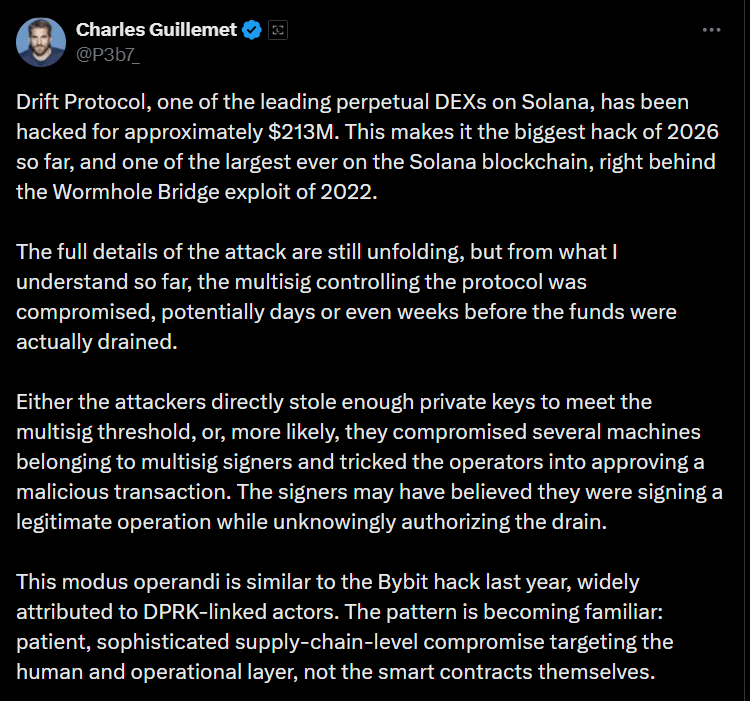 The_NewsCrypto's tweet image. 🚨 LATEST: Ledger CTO Charles Guillemet says the ~$213M Drift Protocol hack likely resulted from a multisig compromise.

He notes the attack method is similar to the Bybit hack last year, widely attributed to DPRK-linked actors.

#Crypto #Ledger #Bybit #Hack