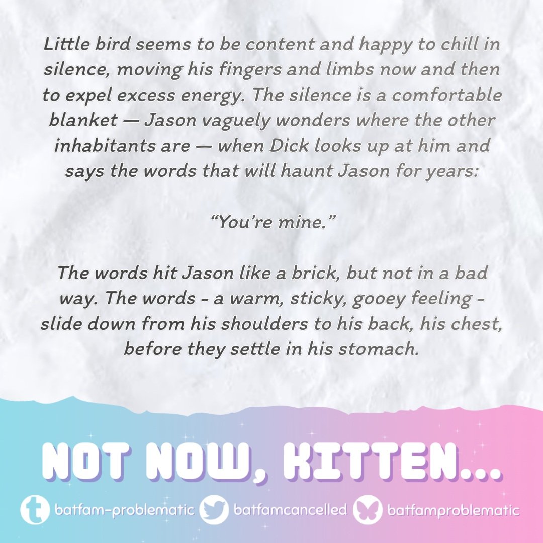 👀👀👀 a lil sneak peak of my fic for <a href="/batfamcancelled/">batfamproblematiczine 🔞 - Not Now, Kitten... 💗✨</a> 's Not Now, Kitten... 😏👀 You can find me in the NSFW version with a deliciously problematic JayDick fic 😏 Preorders are open, get your bundles now!! ❤️💙❤️💙 #notnowkitten #batfamproblematic #zine notnowkitten.bigcartel.com