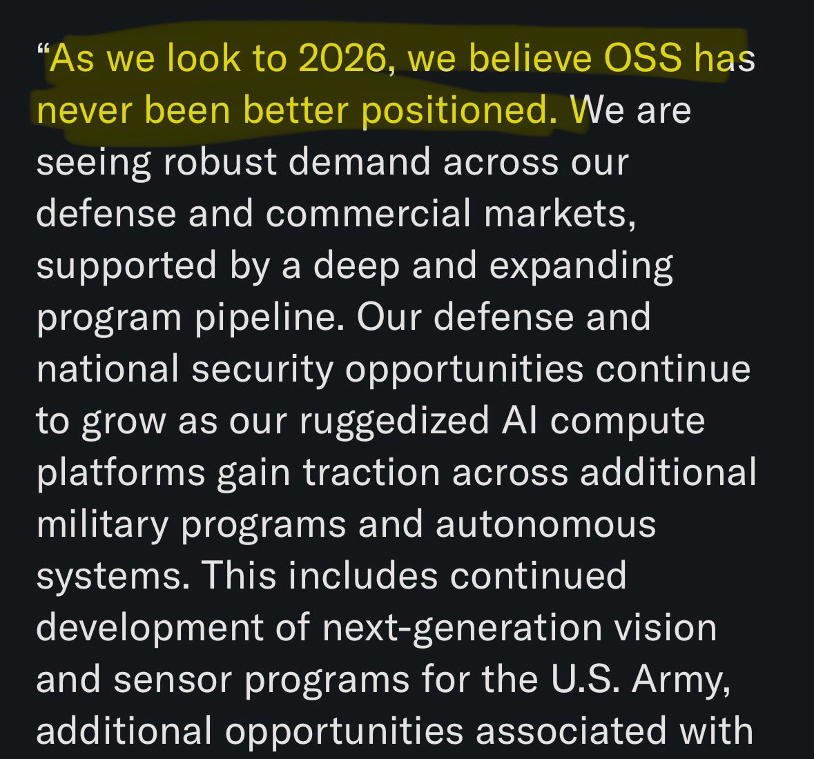 The $OSS management is very conservative. Supply-chain and macro risks are already factored into their 20–30% revenue growth guidance. Believe me, no one understands the impacts of military conflict on supply chains, budgets, and the economy better than military veterans.