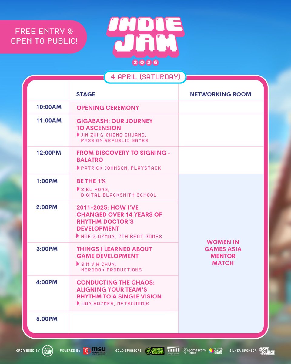 indiejam_my's tweet photo. Here’s the official schedule for both days of Indie Jam 2026! From game showcases and hands-on demos ,to industry talks and special activities, we’ve got your weekend fully packed. 

📅 4–5 April 2026 
🕚 10AM - 6PM 
📍 Management &amp; Science University, Shah Alam 
🎟️ FREE ENTRY! https://t.co/aill7n02sz