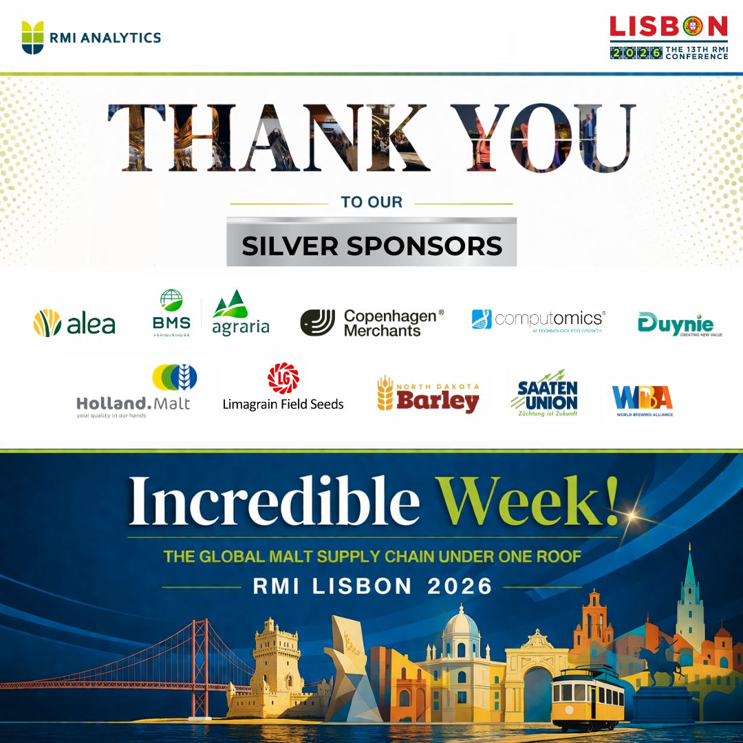 RMIAnalytics's tweet photo. Thank you to our Silver Sponsors for helping make RMI Lisbon 2026 such an incredible week.
Thank you to alea, BMS Agribusiness, agraria, Copenhagen Merchants, Computomics, Duynie, Holland Malt, Limagrain Field Seeds, North Dakota Barley, SAATEN-UNION and World Brewing Alliance. https://t.co/yJ056O8sPU