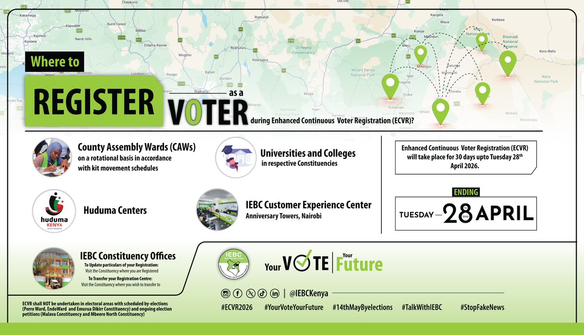 Where to Register as a Voter during ECVR?

1. County Assembly Wards on a rotational basis in accordance with kit movement schedules  
2. Universities and Colleges in respective Constituencies
3. Huduma Centres
4. IEBC Customer Experience Center - Anniversary Towers, Nairobi
5.