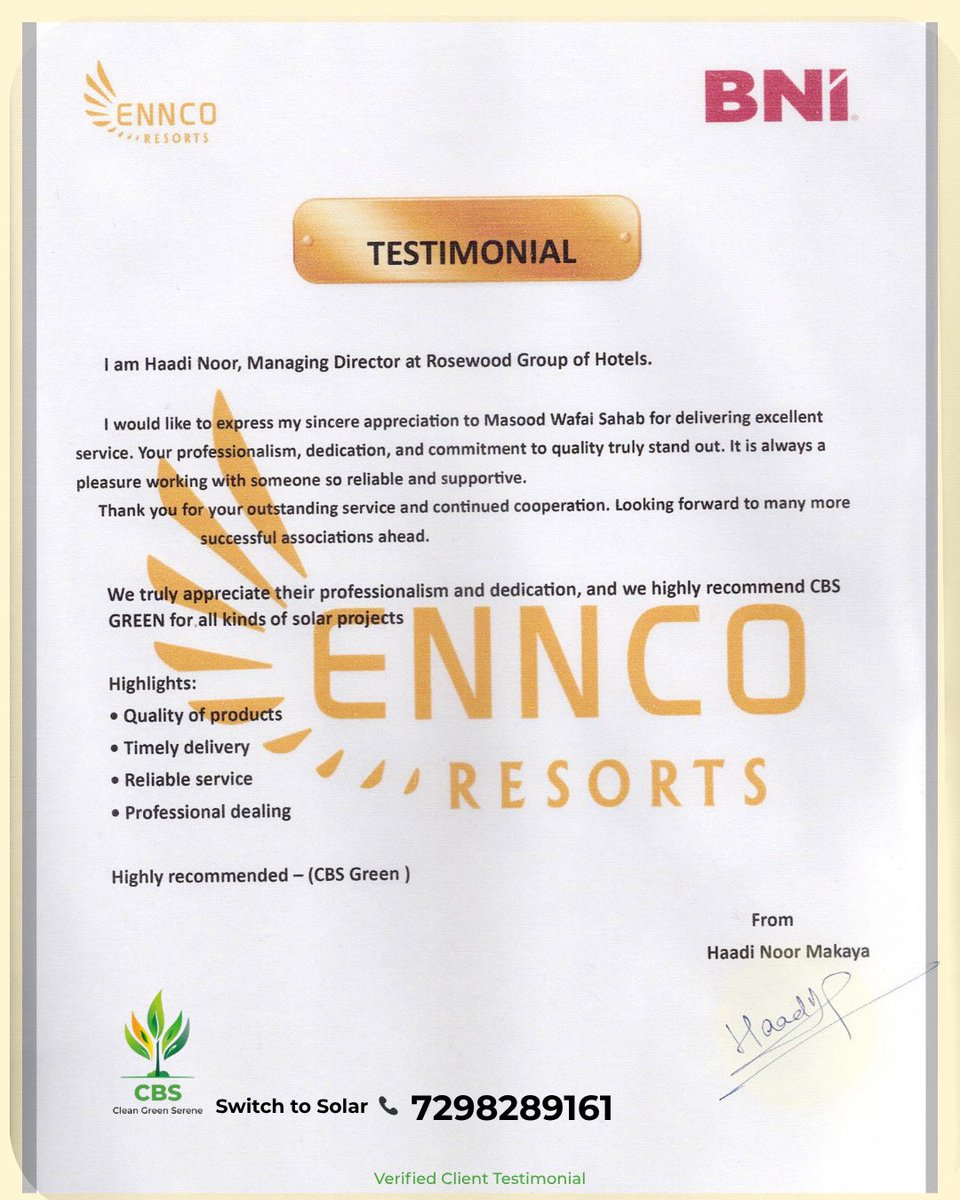 cbs_green's tweet image. When clients trust us, their words speak louder than anything else.
Proud to deliver solutions built on reliability, quality, and commitment.

🌱 Make the switch to solar and start saving
📞 Call/WhatsApp 7298289161 #CBSGreen #SolarKashmir #GoSolar #CleanEnergy #SustainableFuture