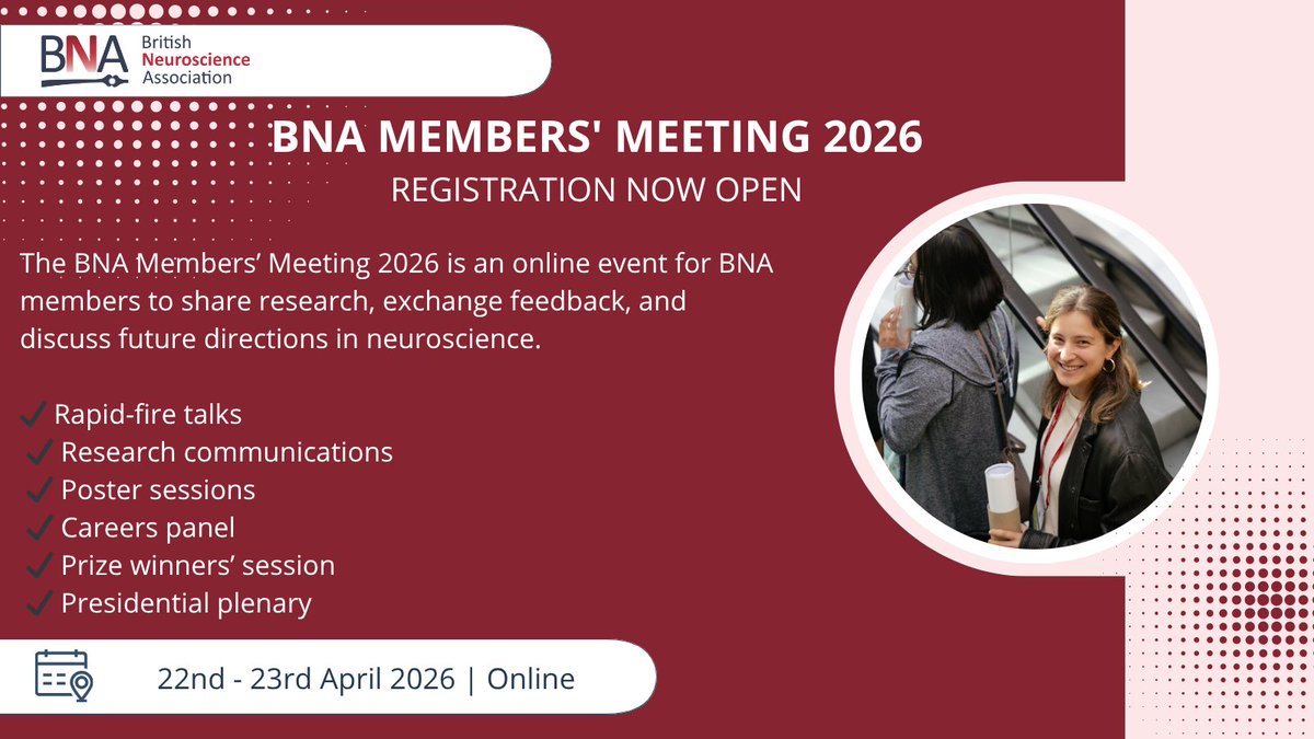 BritishNeuro's tweet photo. The BNA Members’ Meeting programme is now live!

Join us online 22–23 April for Rapid-fire talks, research communications, posters and more.

Free for BNA members - join instantly from £11/year.
Explore the full programme and register via https://t.co/pfvywshM20 https://t.co/EoIaOUEnfi