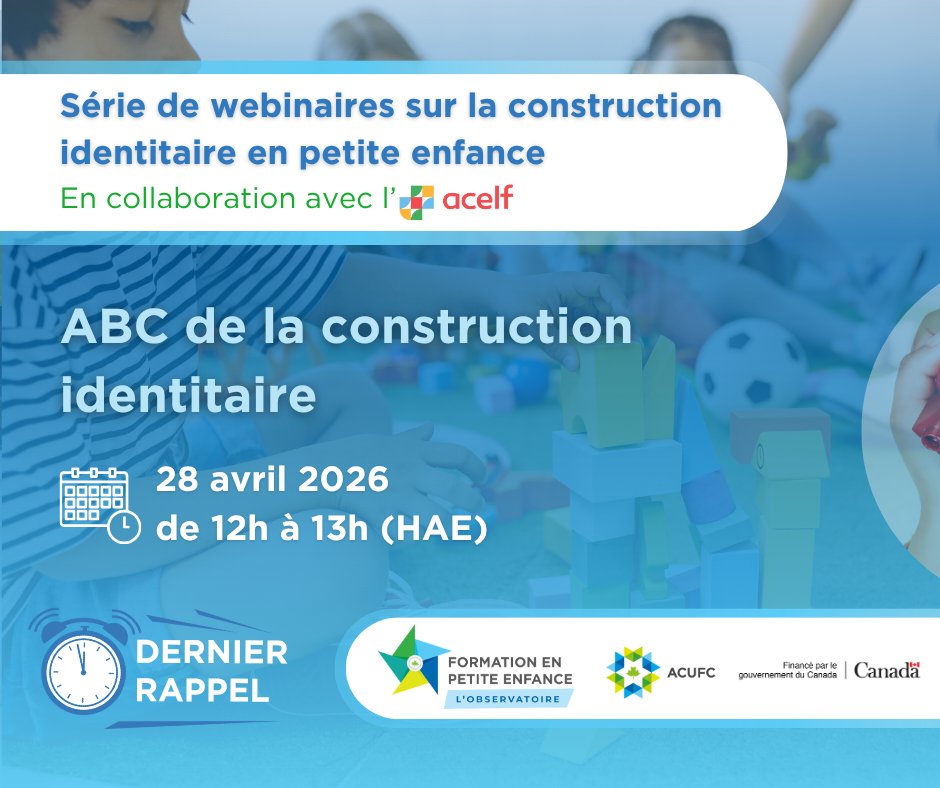 ACUFC_info's tweet photo. Dernière chance!

Le webinaire « ABC de la construction identitaire » aura lieu demain.
Inscrivez-vous dès maintenant pour ne pas manquer cette occasion d’approfondir votre compréhension de la construction identitaire en petite enfance francophone.

Le webinaire est organisé par l’ACUFC, en collaboration avec l’ACELF, et animé par Isabelle Leblond, directrice générale des centres Envol & Boussole (Alberta).

Le 28 avril 2026, de 12h à 13h (HAE)

Lien d’inscription : https://t.co/FmZtjEBgvI

Ce webinaire est financé par le gouvernement du Canada par le biais du programme d’apprentissage et de garde des jeunes enfants.