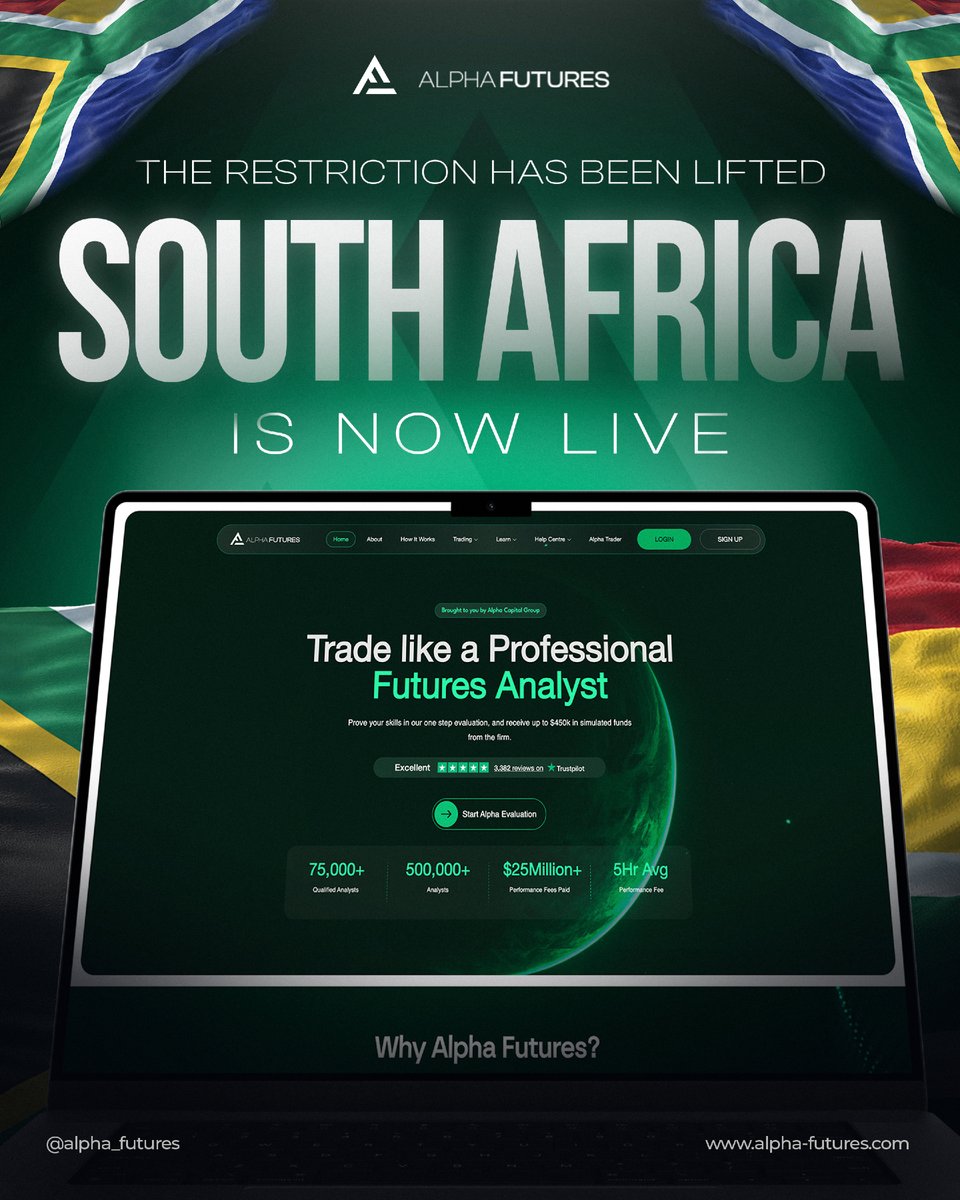 Alpha_Futures_'s tweet photo. South Africa, we’re live 🇿🇦

Restrictions lifted. South African traders can now trade with Alpha Futures.
Welcome in 👋 https://t.co/YEUyuiZfhu