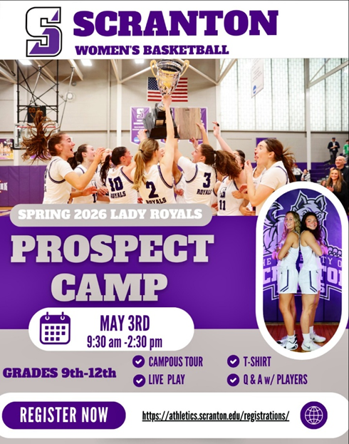 ScrantonWBB's tweet photo. 📢 Calling all high school players! Join us for our Prospect Camp this Spring!

🗓️Sunday, May 3rd

📍The University of Scranton

A great opportunity to showcase your skills &amp; learn more about our basketball program!

Hope to see you there!🏀💜

https://t.co/hWSK01LRl2 https://t.co/bOHvJscLzJ