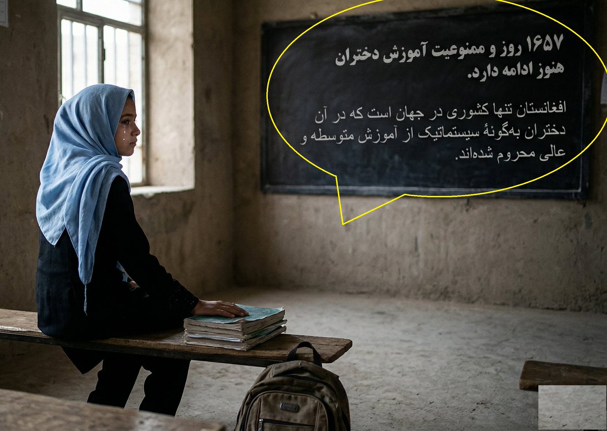 AfghanistanRW's tweet photo. روز ۱۶۵۷
ممنوعیت آموزش دختران در افغانستان هنوز هم ادامه دارد.
افغانستان تنها کشوری در جهان است که در آن دختران به‌گونهٔ سیستماتیک از آموزش محروم شده‌اند.
#HumanRights #AfghanistanWomen #Standwithgirls
@MaryamAmrkhil @dr__shukria @ManizhaBakhtari @razia_barakzai https://t.co/T801Sp0ZO1