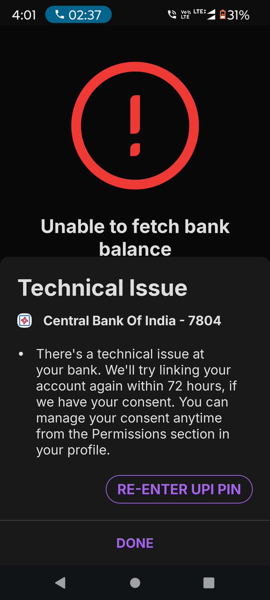 AshutoshPa95077's tweet image. @centralbank_in @RBI @NPCI_NPCI
UPI issue: “Unable to fetch bank balance” (Central Bank of India). Customer care ne Ratnpura branch ka number diya, but call disconnect ho rahi hai (08957406958).
Very poor support. Kindly resolve this ASAP.
#UPI #BankIssue