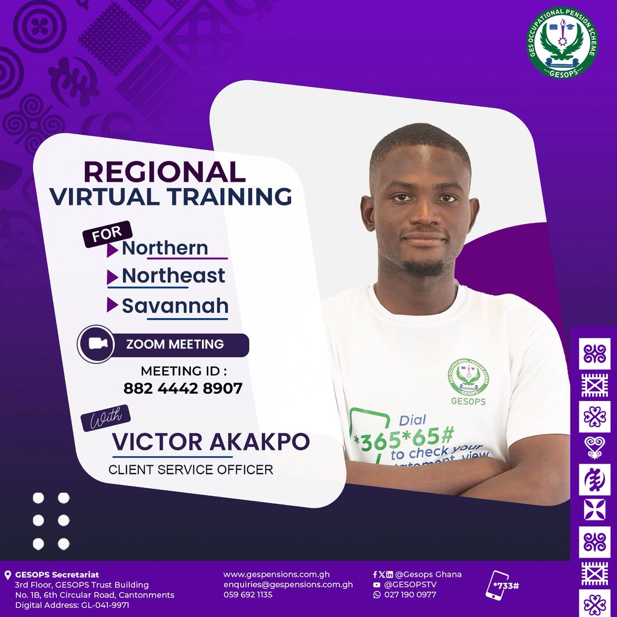 gesopsghana's tweet image. GESOPS Secretariat is inviting you to a scheduled virtual education on pensions for members in the Northern, Northeast and Savannah Regions.

Date: April 2, 2026
Time: 02:00 PM

Join Zoom Meeting
us02web.zoom.us/j/88244428907

Meeting ID: 882 4442 8907

#GESOPS #MemberEngagement #Tier2