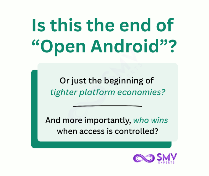 smvexperts's tweet photo. Android is tightening sideloading.
More friction, more control, less freedom.
It’s not just security, it’s a power shift.
When distribution slows, innovation follows.
Follow @smvexperts for apps & websites that sell.
#SMVExperts #Android #AppDevelopment #TechStrategy #Startups https://t.co/fw2N5McFmz