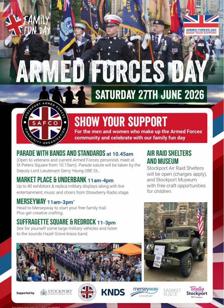 WFEL_bridges's tweet photo. Join us as we come together to show our support of our Armed Forces community at this year’s Armed Forces Day event in Stockport on Saturday 27 June.

#ShowYourSupport

@DRM_UK 
@StockportMBC https://t.co/qN2rm0wwl7