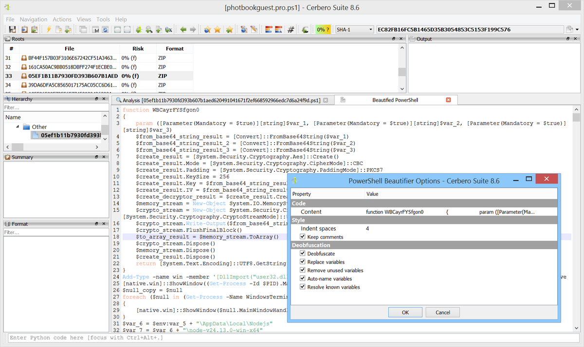 cprofiler's tweet photo. 📦 We are happy to announce version 4.0 of the PowerShell Beautifier package. This is a major release. Previous versions relied on a custom tokenizer which, lacking knowledge of the language grammar, could not always correctly classify tokens. This required extensive workaround code and inevitably led to edge cases where deobfuscation would fail.

Version 4.0 replaces the tokenizer with a real PowerShell parser. Every token is now correctly classified from the start, resulting in more reliable deobfuscation across the board: format strings, character expressions, encoded arrays, string manipulation, alias resolution and variable replacement all benefit from this improved foundation.