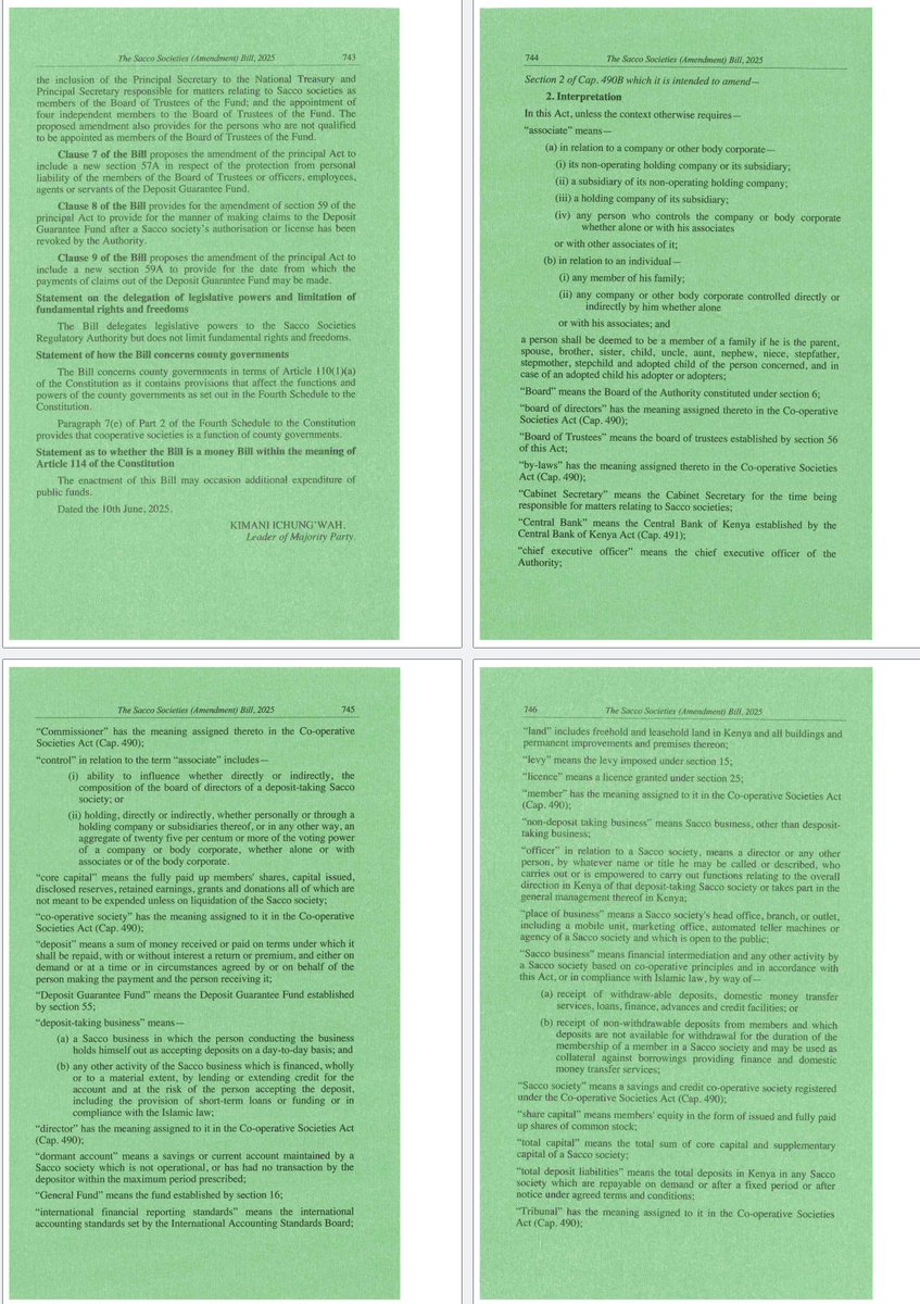 Summary of the Sacco Societies (Amendment) Bill, 2025, which was read a first time in the National Assembly this week:

— Establishes a central liquidity and shared services framework, allowing 30+ primary Saccos to form a secondary Sacco that pools funds, manages liquidity, and