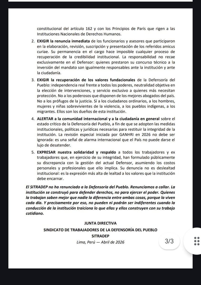 Jota12397's tweet photo. SITRADEP dice lo que muchos callan: la Defensoría del Pueblo no puede ponerse del lado del poder ni de intereses personales. Su rol es defender a la ciudadanía. Si se pierde esa esencia, se traiciona su razón de ser. Urge recuperar su independencia y credibilidad. https://t.co/rp3VtPntER
