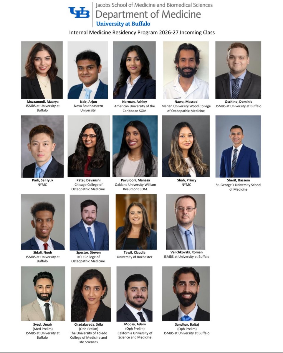 UBIMResidency's tweet photo. 🎉 HUGE welcome to our Incoming Internal Medicine Residency Class! 🩺

We are thrilled to welcome this talented group of future internists to our family! 

#MedTwitter #MedX #InternalMedicine #ResidencyMatch #Match2026 #IMProud @Jacobs_Med_UB @UBuffalo @Inside_TheMatch https://t.co/IwT1AJdhSG