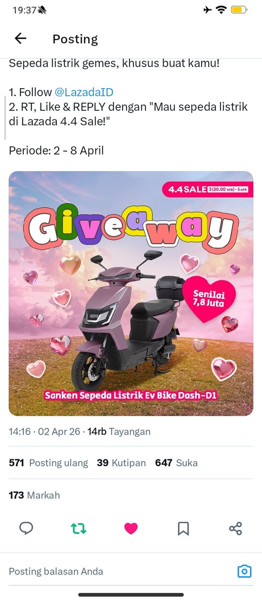 Tyysar's tweet photo. @LazadaID Mau sepeda listrik di Lazada 4.4 Sale!

Sepeda listrik melaju pelan,
dipakai santai ke sana-sini.
Terima kasih Lazada sudah adain giveaway keren,
semoga selalu sukses dan makin maju setiap hari! 💓 https://t.co/hkJ6GrRaUk