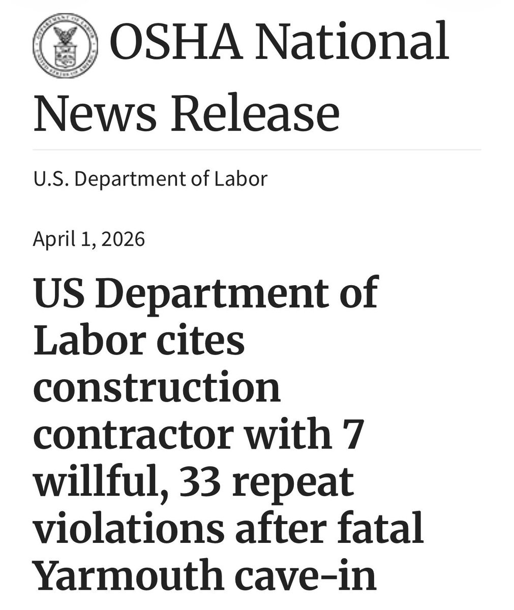 ExcavateSafe's tweet photo. OSHA has cited a construction contractor for 7 willful, 33 repeat and 17 serious violations after a fatal trench collapse in Massachusetts.

Source: https://t.co/OyOte3XF2E

#ThinkInsideTheBox #ExcavateSafe #TrenchSafety #Accountability #OSHA #News #Trench #Excavation #Safety https://t.co/vfnTwvyxQV