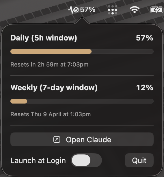 josephk89's tweet photo. Got tired of checking my Claude Code usage manually every few minutes
so I built PulseCheck, a macOS menu bar app that shows your daily and weekly limits, reset times, progress bars. 

Zero config, just install

link in next post 👇 https://t.co/t4m0D0y28U