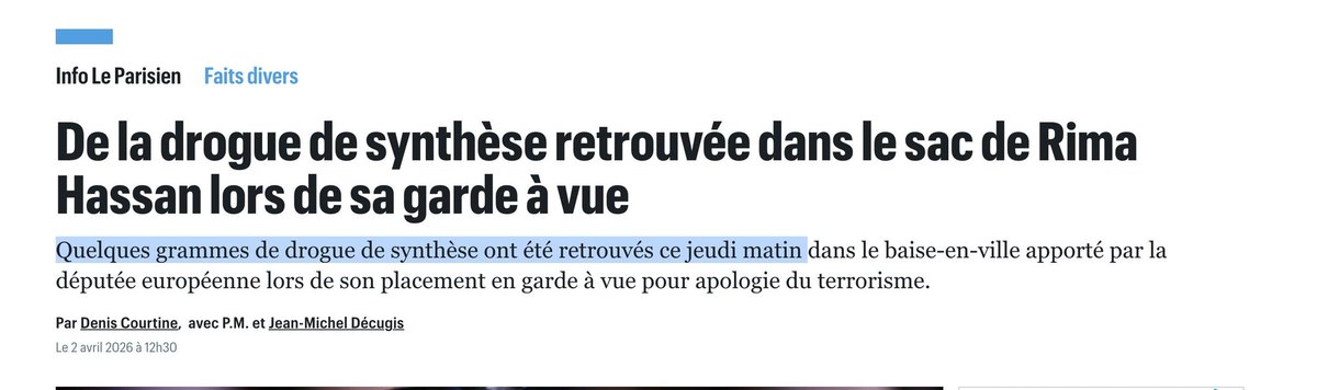 PatL65438313's tweet photo. @CIJAinfo Rima Hassan en garde à vue pour apologie de terrorisme + détention stupéfiants. https://t.co/csIeH3kpgY