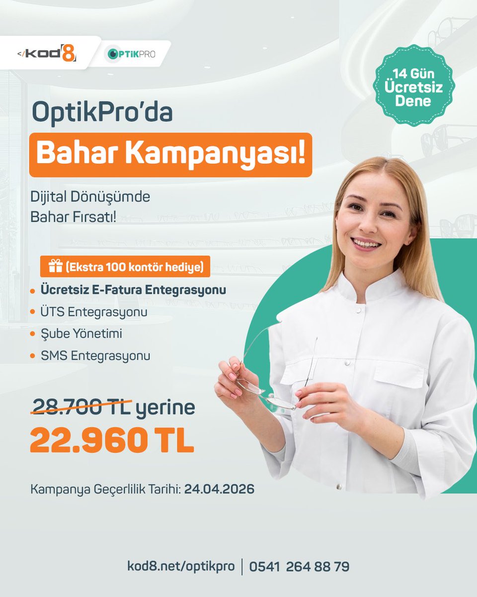 Kod8net's tweet photo. OptikPro’da Nisan Ayına Özel Bahar Kampanyası Başlad! 👓

🎯 OptikPro, 24 Nisan’a kadar
28.700₺ yerine sadece 22.960₺!

Üstelik bu fırsata ek olarak:
✨ Ücretsiz E-Fatura Entegrasyonu
🎁 100 Kontör Hediye
••
🌐 https://t.co/weiLnTYcD6
📲 0850 304 88 54
••
#kod8 #optikpro https://t.co/hi9TQzm9Ec