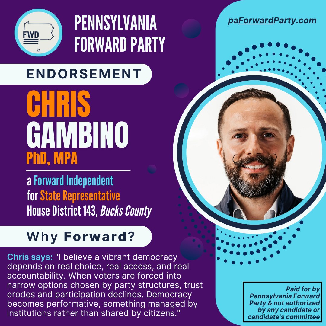 FwdPennsylvania's tweet photo. We are proud to endorse Chris Gambino (@SustainingNow), an independent candidate for State Rep in District 143!

Gambino says independence shapes how he governs, particularly in a divided legislature where collaboration is required to move policy forward.

https://t.co/iM9L9K0Fh6 https://t.co/YEaR6knja0