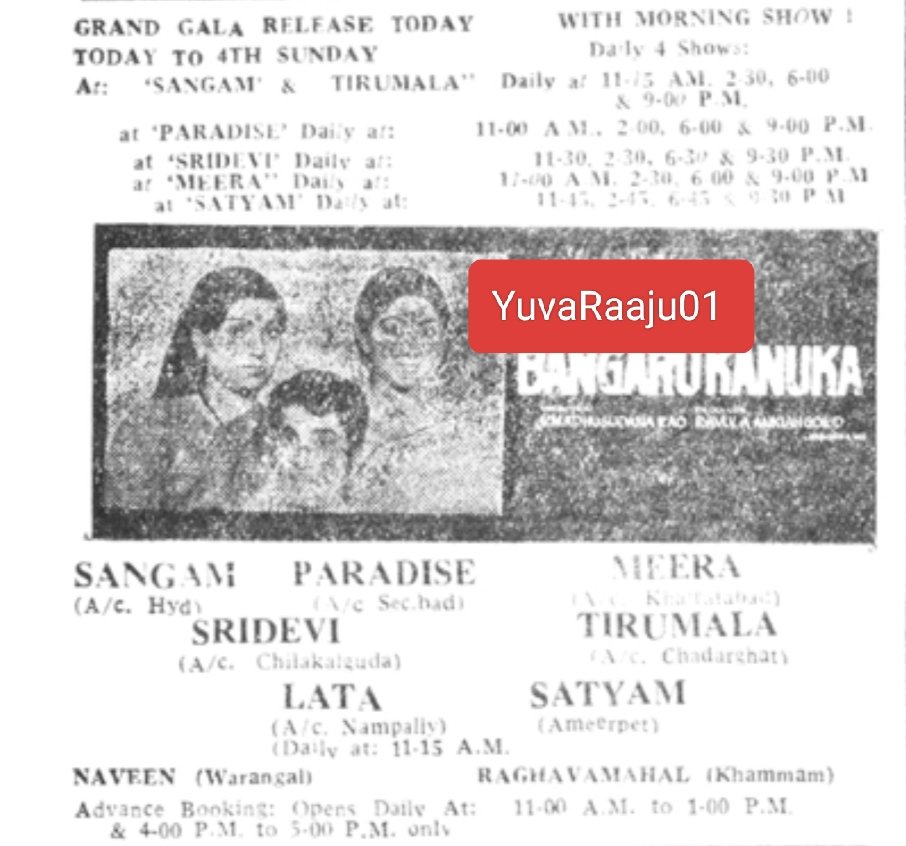 YuvaRaaju01's tweet photo. #44YearsForBangaruKanuka
Starring: #ANR garu

Hyd - SANGAM - 28Days RUN Replaced with #Vetagadu(Re-Rls)

Secbad - PARADISE - 21Days RUN Replaced with #Edureetha(Re-Rls) https://t.co/WtHmcEaDYW