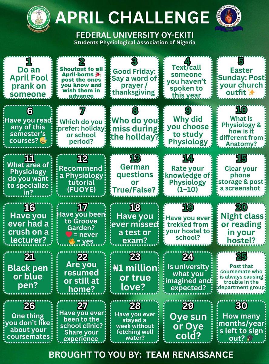 SpanFuoye's tweet photo. New month, new vibe 😌✨

We’re not just surviving this semester… we’re making memories with it 💚
30 days of fun, questions, honesty, and a little bit of chaos 😂🔥

Whether you’re on clinical posting, in class, or just trying to keep up — this challenge is for YOU 👀 https://t.co/HrBYTJrGqc