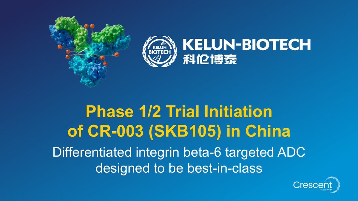crescent_bio's tweet photo. Congratulations to Kelun-Biotech on recently initiating a Phase 1/2 trial of CR-003 (SKB105) in advanced solid tumors in China. Proud to partner in advancing next-gen therapies to improve outcomes for people living with cancer. Learn more about CR-003: https://t.co/tuxBpyhanz https://t.co/ga0UZ9Yz2V