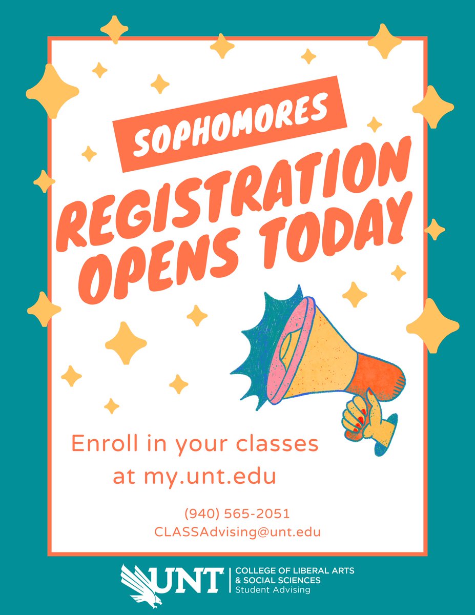 UNTCLASSadvisor's tweet photo. Sophomores!!! Registration is now open for Summer and Fall 2026!

We have drop-in advising (GAB 220 or online) from 1:00pm-4:30pm today if you need any assistance with class registration. https://t.co/zuh9exWDw6