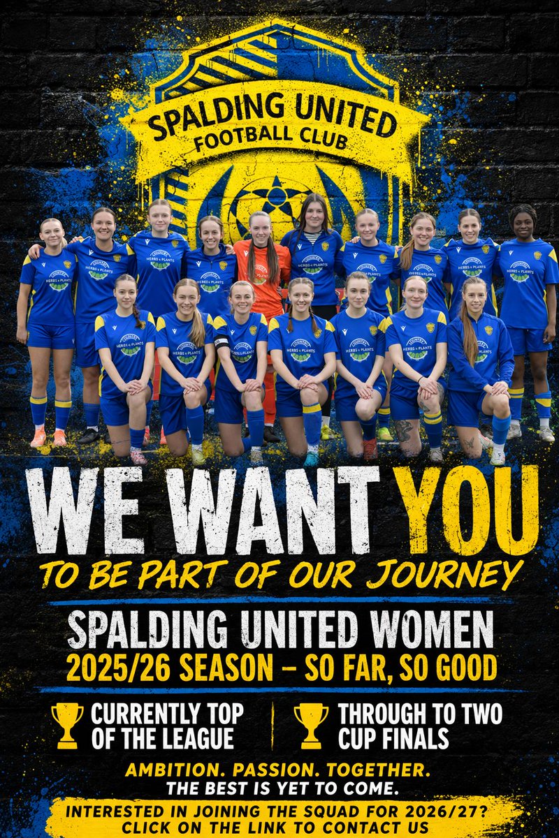 SpaldingUtdW's tweet photo. 🚨 WE WANT YOU 🚨

Spalding United Women recruiting for 2026/27 ⚽

Current form
🏆 Top of the league
🏆 2 cup finals

Apply now ⬇️

https://t.co/o6D5p351RL

#WomensFootball #Spalding https://t.co/8s3ivfq4R3