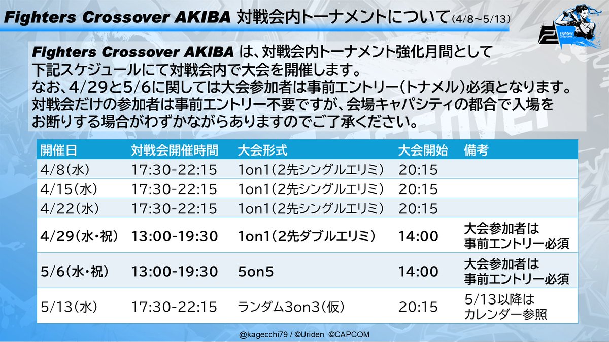 【FC秋葉】4/8（水）～5/13（水）
Fighters Crossover AKIBA 対戦会内トーナメントについて

Fighters Crossover AKIBAは、対戦会内トーナメント強化月間として下記スケジュールにて対戦会内で大会を開催します。
なお、4/29と5/6に関しては大会参加者は事前エントリー（トナメル）必須となります。