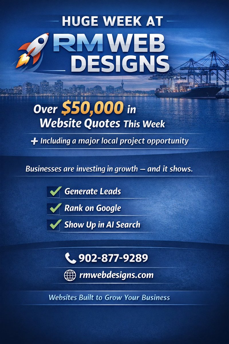 rm_webdesigns's tweet photo. Big week at RM Web Designs 🚀

💰 $50K+ in website quotes
📍 Major local project opportunity
Businesses are investing in growth — are you?

If your website isn’t generating leads, it’s costing you.

📞 902-877-9289
🌐 https://t.co/JHQwtAp6wF https://t.co/StIWEaT6LR