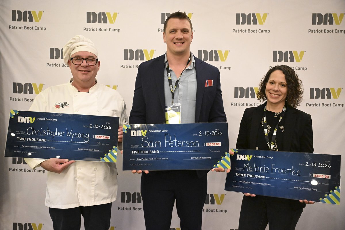 Congratulations to these three DAV Patriot Boot Camp alumni and pitch contest winners! Each entrepreneur polished their pitching skills in Myrtle Beach this winter and competed for $10,000 in cash prizes.

• First place: Sam Peterson, Mind Spa 
 • Second place: Melanie Froemke,